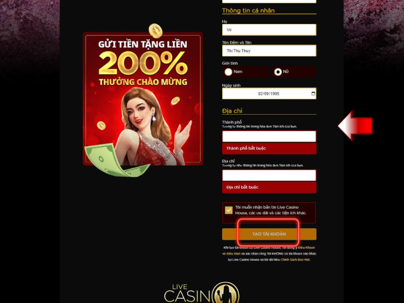 điền đầy đủ thông tin đăng ký live casino house